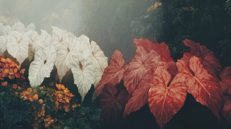 A striking composition showcasing vibrant leaves in contrasting colors set against a misty garden background, creating a serene and tranquil atmosphere.の素材