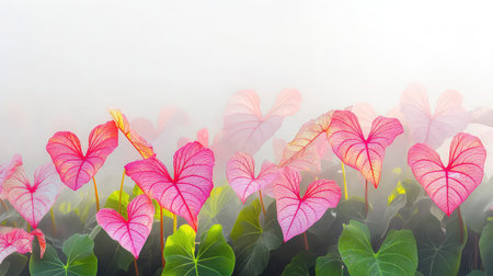 A serene scene showcasing vibrant heart-shaped leaves in shades of pink surrounded by soft morning fog, highlighting the beauty of nature and tranquility.の素材