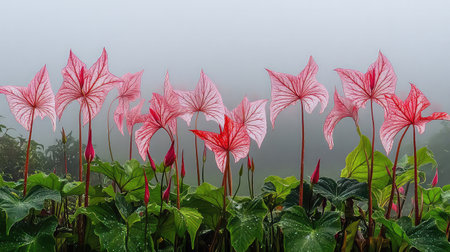 A stunning display of vibrant pink caladium leaves emerges through a layer of mist in a lush garden, creating a serene tropical ambiance.の素材