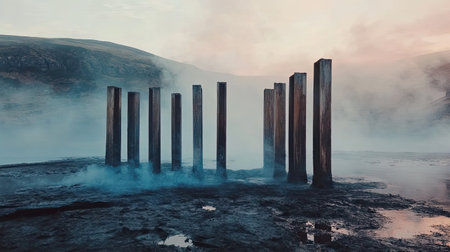 An enigmatic scene featuring tall stone structures shrouded in fog, creating an otherworldly atmosphere in a serene outdoor landscape.の素材
