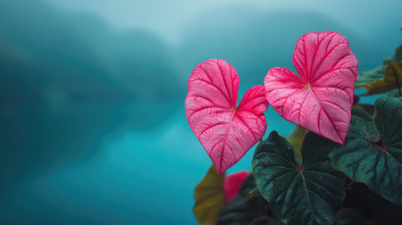 Stunning heart-shaped pink leaves create a serene atmosphere against a soft blue background. Perfect for nature and gardening themes, this image evokes tranquility.の素材