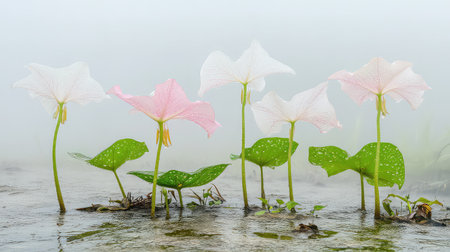 This tranquil image showcases delicate water lilies in soft hues of pink and white, rising from mist-covered waters, creating a serene, ethereal landscape.の素材