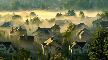 A stunning view of houses nestled in a misty suburban landscape, showcasing the beauty of nature and tranquility in the early morning light.の素材