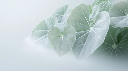 This image features elegant pale green leaves with intricate vein patterns, set against a soft and serene background, perfect for conveying tranquility.の素材