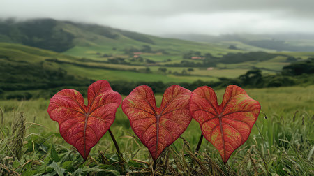 A stunning image features three vibrant red heart-shaped leaves set against a lush green countryside. The cloudy sky creates a tranquil atmosphere, emphasizing the beauty of nature.の素材