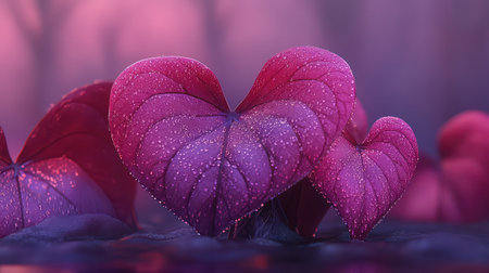 Delicate heart-shaped leaves glisten with dew drops against a soft purple background, creating a romantic and tranquil atmosphere perfect for nature lovers.の素材