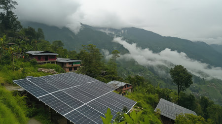 Explore a breathtaking landscape featuring solar panels on a hillside, with charming villages enveloped by lush greenery and misty clouds. A perfect depiction of eco-friendly living and renewable energy in harmony with nature.の素材