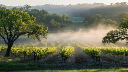 A tranquil vineyard bathed in soft morning light, featuring vibrant green grapevines emerging from gentle mist and surrounded by lush trees.の素材