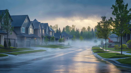 A captivating view of a misty neighborhood at dawn, showcasing wet streets and serene houses surrounded by trees and fog, creating a tranquil atmosphere.の素材