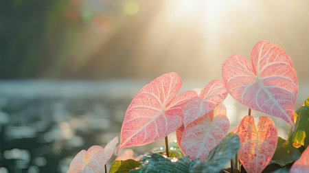This captivating image showcases heart-shaped leaves bathed in soft sunlight, highlighting intricate vein patterns. The serene water reflections enhance the tranquil atmosphere, perfect for nature themes.の素材