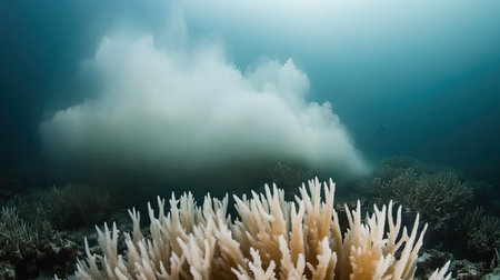 This stunning underwater scene captures coral reefs with a soft sediment cloud drifting above. The tranquil depths showcase marine life and vibrant ecosystems, highlighting the beauty and fragility of ocean environments. Perfect for nature enthusiasts.の素材