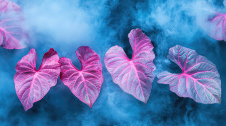 Explore a stunning composition of vibrant pink leaves set against a soft misty blue background, perfect for nature-themed projects and artistic inspiration.の素材