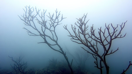 Dive into this mesmerizing underwater scene featuring bare trees surrounded by a veil of mist, creating a captivating and mysterious atmosphere.の素材