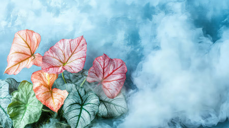 A stunning display of vibrant caladium leaves in shades of green and pink, enveloped in soft misty clouds, creating a tranquil and serene nature scene.の素材
