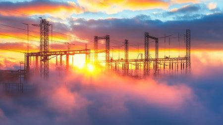 A stunning sunset casts vibrant colors over a power station silhouetted against a backdrop of swirling clouds and vapor, showcasing the beauty of industrial landscapes.の素材