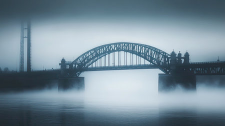 A serene image of a misty bridge arching gracefully over calm waters at dawn, creating a tranquil atmosphere with soft colors and reflections.の素材