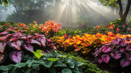 A stunning garden scene featuring vibrant colorful flowers amidst lush greenery, illuminated by soft sunlight filtering through a serene misty atmosphere.の素材