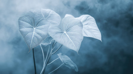This stunning image captures delicate blue leaves emerging from a soft mist, showcasing intricate vein patterns that evoke serenity and tranquility.の素材