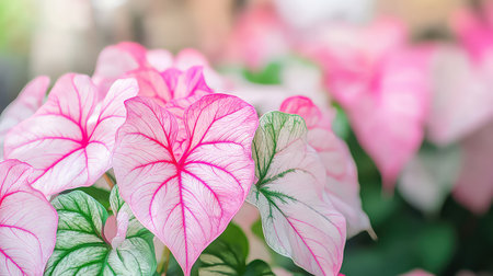 A stunning close-up view of caladium leaves showcasing their vibrant pink and green colors. Perfect for nature lovers and gardening enthusiasts.の素材