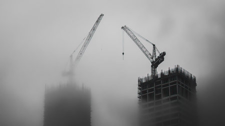 Tower cranes loom majestically in a foggy urban landscape, symbolizing the dynamic construction industry and the steady progress of modern architecture.の素材