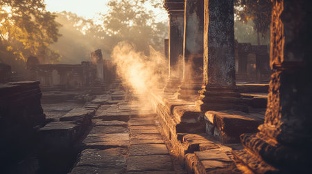 A captivating scene featuring ethereal morning mist swirling among ancient stone ruins. Sunlight streams through towering columns, creating a serene atmosphere.の素材