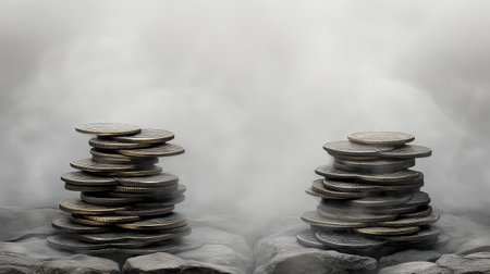 This image depicts stacks of coins arranged on a textured stone surface, enveloped in a misty atmosphere. The enigmatic setting creates a unique backdrop for financial themes, highlighting concepts of wealth, investment, and economic growth.の素材