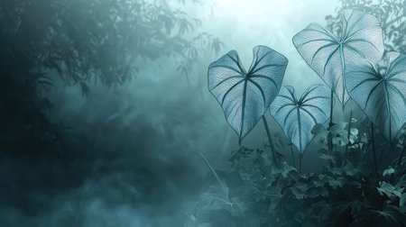 Discover the serene beauty of heart-shaped leaves emerging from a misty forest backdrop, bathed in soft light, creating an enchanting and tranquil atmosphere.の素材