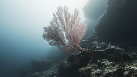 This captivating underwater scene showcases a delicate soft coral amidst a rocky seabed, surrounded by tranquil blue waters. The serene environment highlights the stunning beauty of marine life and the intricate details of coral formation.の素材