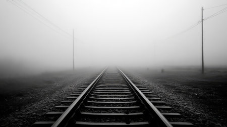 This captivating black and white image features railroad tracks disappearing into a thick fog, creating an aura of mystery and tranquility.の素材