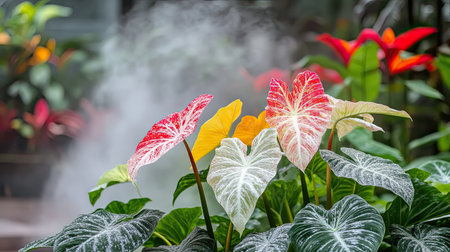 A close-up view of vibrant caladium leaves showcasing intricate patterns and colors, surrounded by lush greenery and a soft mist, creating a tranquil tropical scene.の素材