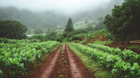 Stunning view of a green crop field surrounded by misty mountains, showcasing the beauty of agriculture on a foggy day. Perfect for nature lovers.の素材