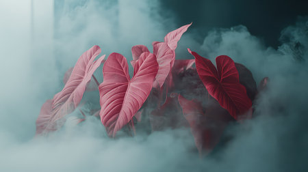 A stunning close-up of vibrant heart-shaped leaves surrounded by soft mist, creating an enchanting atmosphere that evokes calmness and beauty.の素材