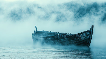 An old wooden boat rests quietly in thick fog over a calm body of water, creating a serene and mysterious atmosphere at dawn. The mist adds depth and drama.の素材