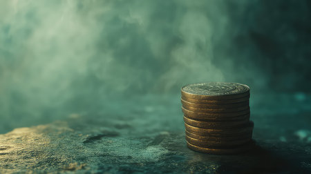 This captivating image features a stack of coins enveloped in delicate smoke, creating an ethereal and mysterious atmosphere. Ideal for concepts related to finance and wealth.の素材