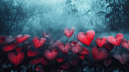 Captivating image of heart-shaped red leaves emerging from a misty forest landscape, illuminated by soft blue light, evoking a serene atmosphere.の素材