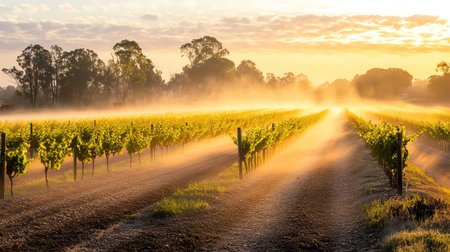 A peaceful vineyard landscape captured at dawn, featuring mist rolling over grapevines, illuminated by soft sunlight and tranquil surroundings.の素材