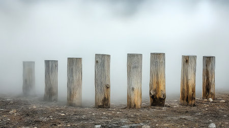 This captivating image features vertical wooden posts rising through a dense fog, creating an ethereal and tranquil atmosphere in nature.の素材