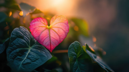 A stunning close-up of a heart-shaped leaf against a backdrop of lush green foliage, illuminated by soft sunlight. Perfect for symbolizing love and nature.の素材