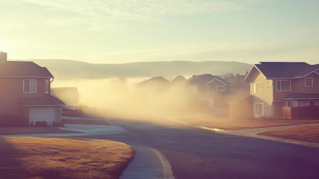 A beautiful suburban neighborhood enveloped in soft morning fog, creating a tranquil atmosphere as sunlight breaks through mist, revealing charming homes.の素材