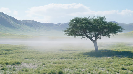 A tranquil landscape showcasing a solitary tree in a misty meadow, framed by gentle rolling hills under a bright blue sky, evoking peace and serenity.の素材