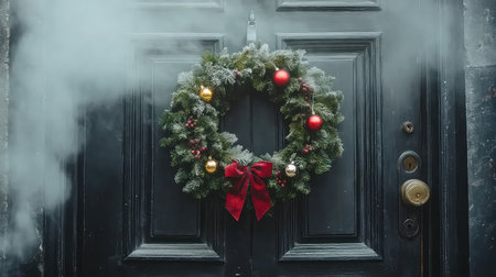 A beautiful Christmas wreath adorned with a red bow and golden ornaments hangs on a black door, surrounded by soft mist, evoking a warm holiday spirit.の素材