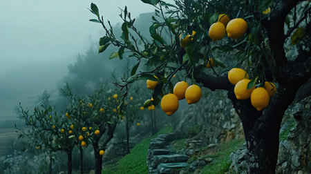A peaceful lemon orchard adorned with vibrant yellow citrus fruits under a soft layer of mist. This serene landscape evokes tranquility and natural beauty.の素材