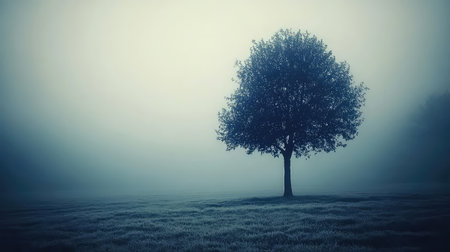 A solitary tree stands amidst a foggy landscape, enveloped in a soft haze that creates an ethereal atmosphere, perfect for evoking tranquility and reflection.の素材