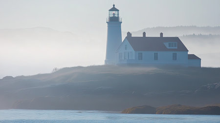 A tranquil lighthouse stands on the edge of a misty coastline, surrounded by calm waters and dramatic skies, capturing the essence of serenity at dawn.の素材