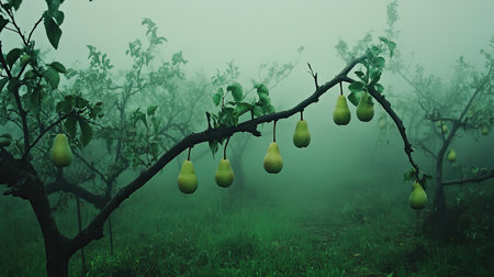 A serene view of an orchard featuring pear trees draped in fog. Lush green pears hang delicately from branches, creating a tranquil atmosphere.の素材
