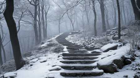 A captivating winter scene showing a snowy pathway leading through a misty forest. The cool atmosphere evokes a sense of tranquility and calmness.の素材