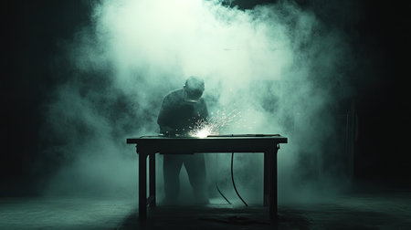 A dramatic scene showcases a welder working diligently in a dark workshop. Sparks illuminate the misty atmosphere, highlighting the art of metal fabrication.の素材