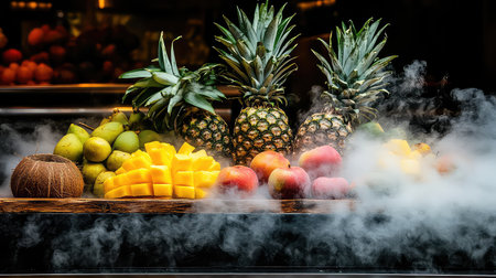 A stunning display of tropical fruits featuring pineapples, mangoes, and apples, surrounded by a gentle smoke effect, perfect for culinary inspiration.の素材