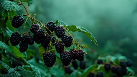 A captivating image of fresh blackberries hanging on a branch amidst lush green leaves, enveloped in a misty atmosphere. Perfect for nature and food themes.の素材