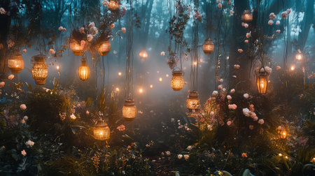 This captivating image features a mystical forest adorned with hanging lanterns and blooming flowers. The enchanting fog creates an ethereal atmosphere, perfect for a tranquil escape.の素材